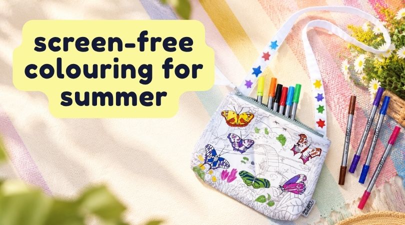screen free colouring for summer - with a picture of a colour in butterfly bag and pens