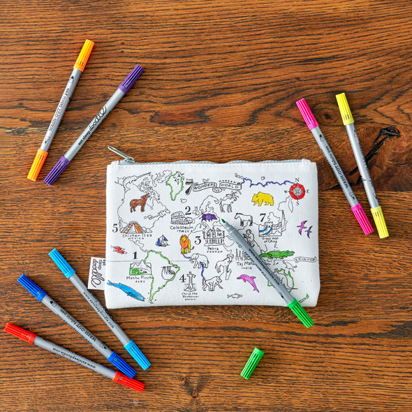 world map pencil case – colour in & learn