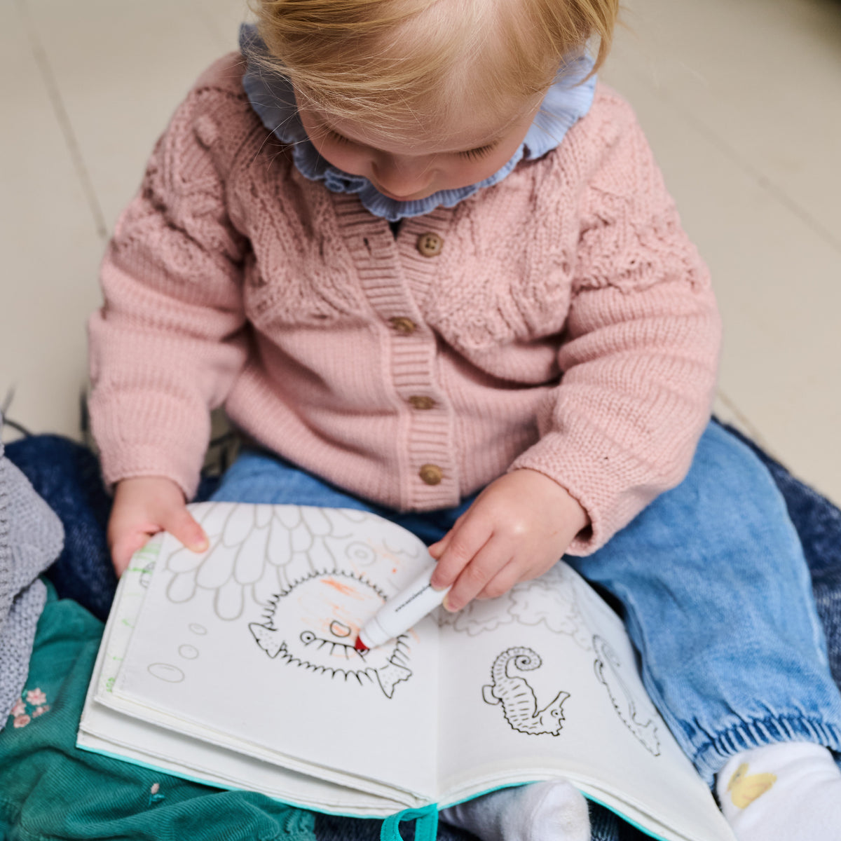 girl toddler reusable colouring book with sea animals 