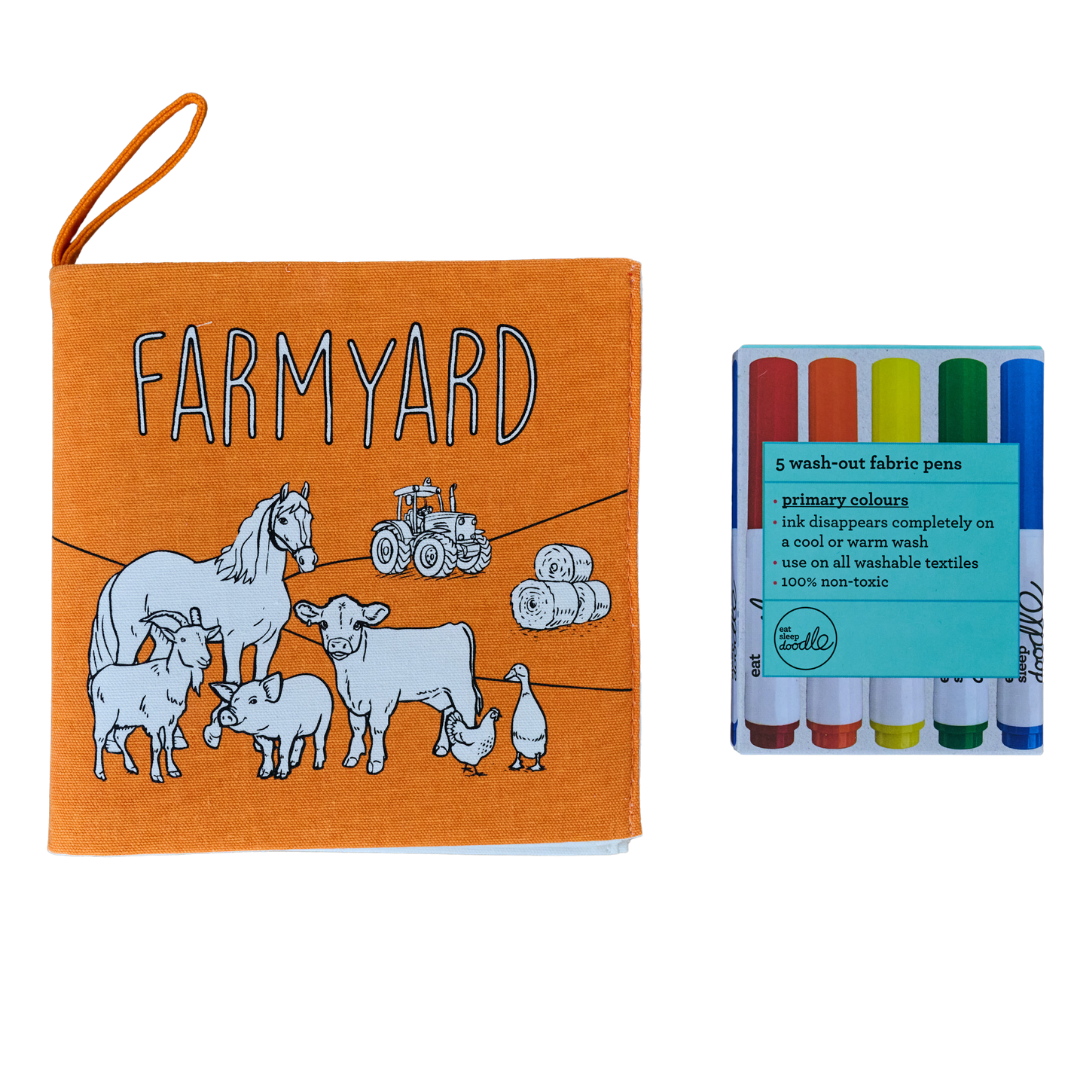 Farmyard fabric colouring book for toddlers with wash-out pens