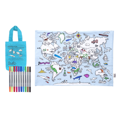 tovaglietta portatile mappa del mondo; animali e vita marina - colora e impara