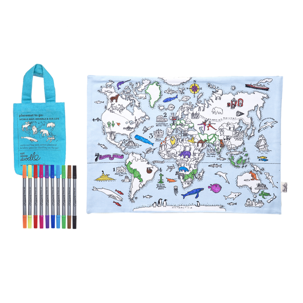 world map; animals & sea life placemat to go – colour-in & learn