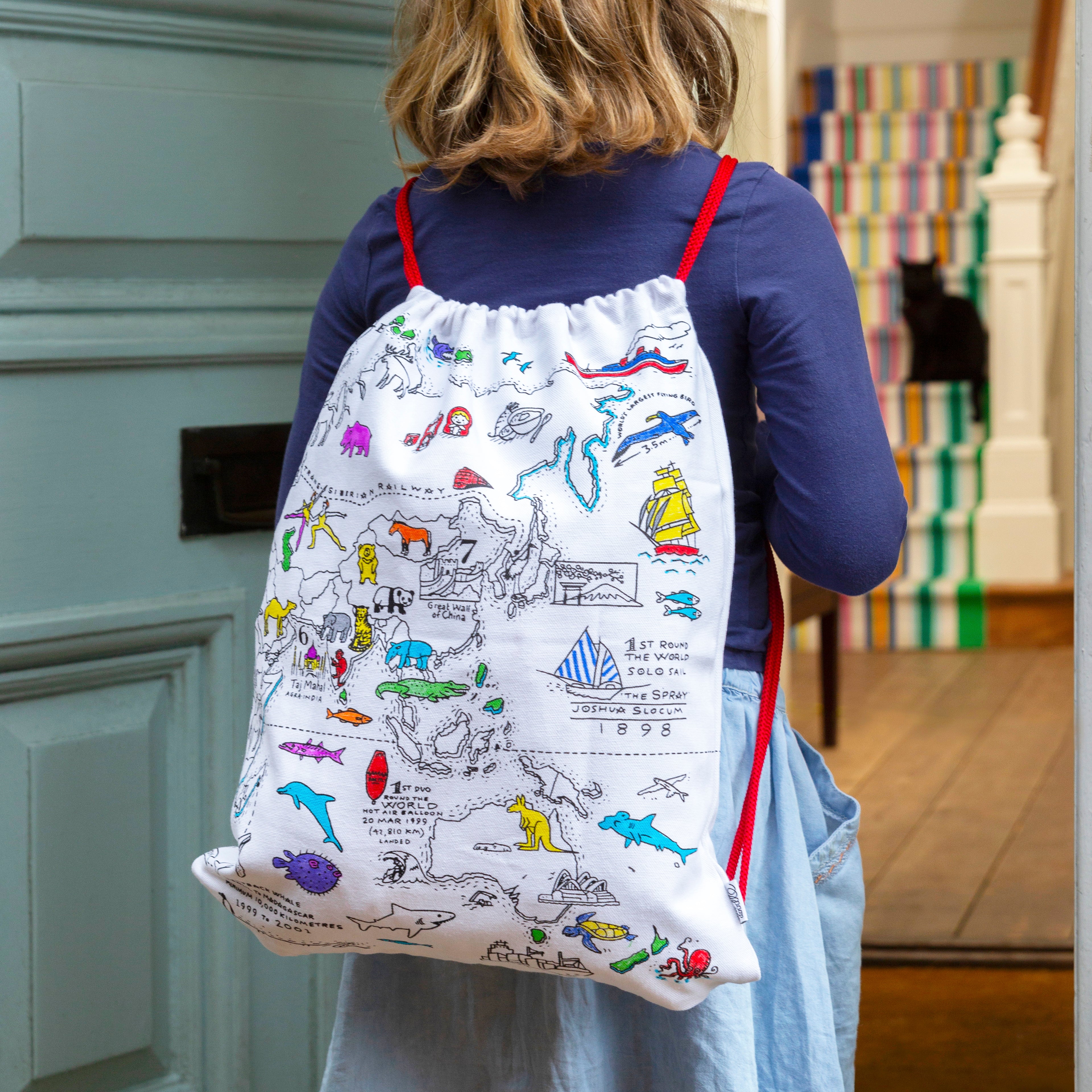Eatsleepdoodle World Map Backpack - DIY Coloring Drawstring Bag With Washable Markers